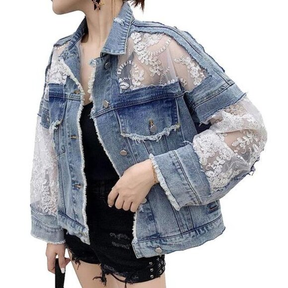 Floral Embroidered Lace Denim Jacket Distressed Light Wash Denim Jean Jacket - Picture 9 of 9